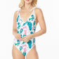 ONE PIECE BATHING SUIT FLORAL PRINT SHOULER TOP TI  White S 