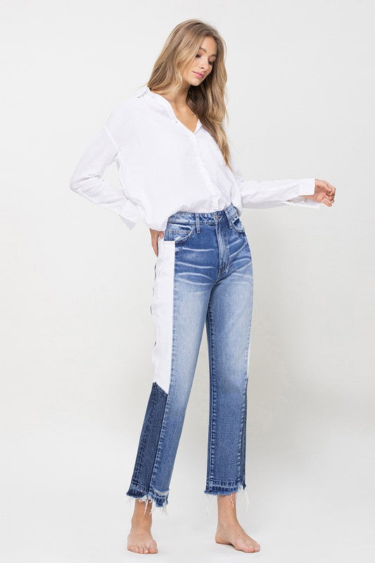 Super HIgh RIse Straight W/Side Blocking Panel Straight Leg Jeans   