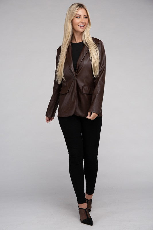 Sleek Pu Leather Blazer with Front Closure Blazer   