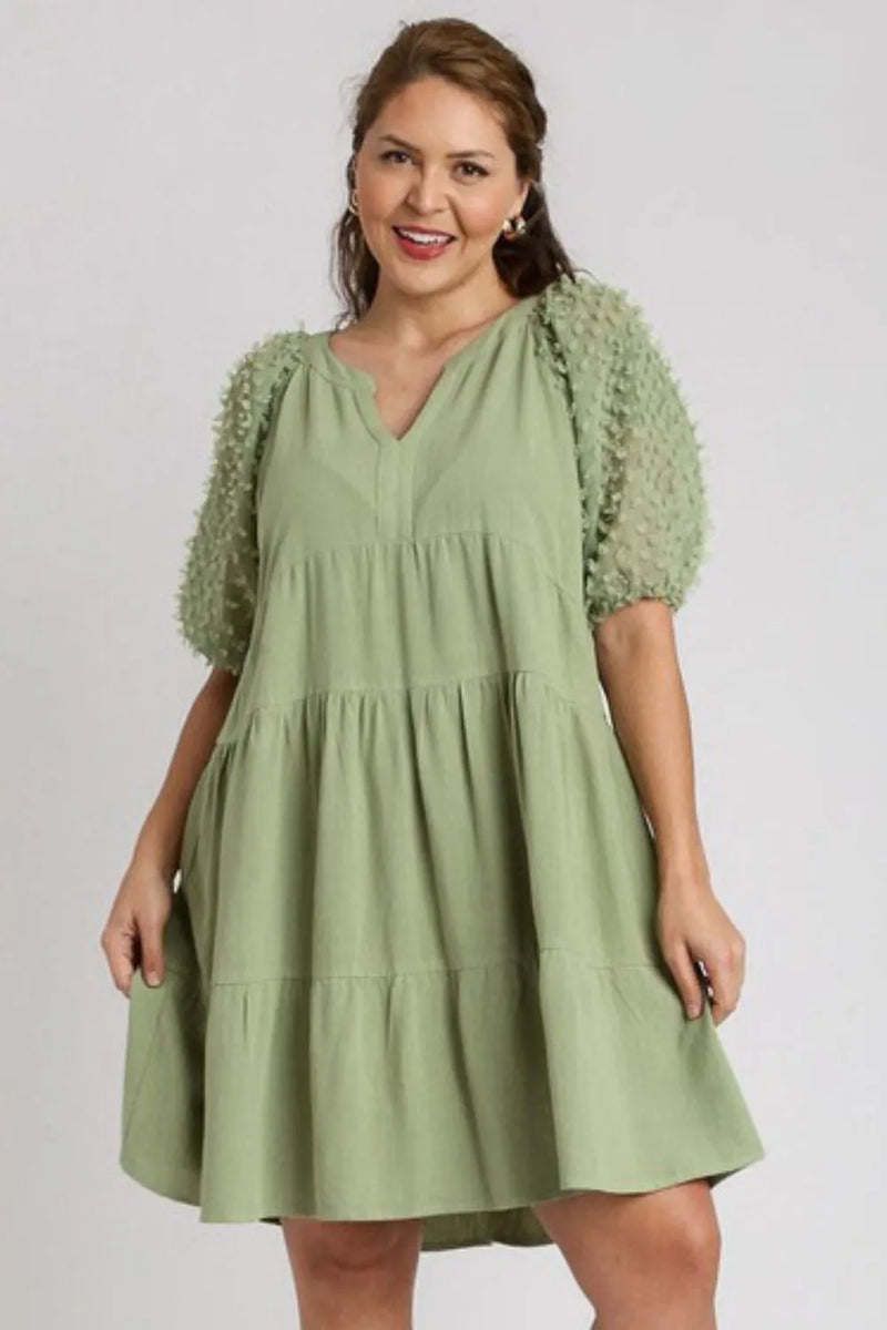 Umgee Linen Tiered A-Line Split Neck Dress Plus Size Womens Midi Dress