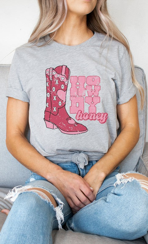 Howdy Honey XOXO Boots Valentines Graphic Tee Womens Graphic T-shirt Athletic Heather S 