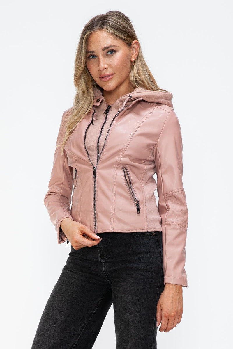 Snobbish Faux Leather Zip Up Drawstring Hooded Jacket - Three Mad Hatters Mercantile 