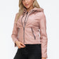 Snobbish Faux Leather Zip Up Drawstring Hooded Jacket Womens Jacket