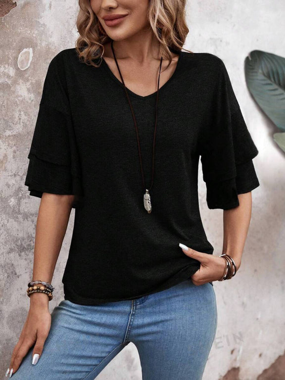 V-Neck Half Sleeve Blouse Womens Tops   