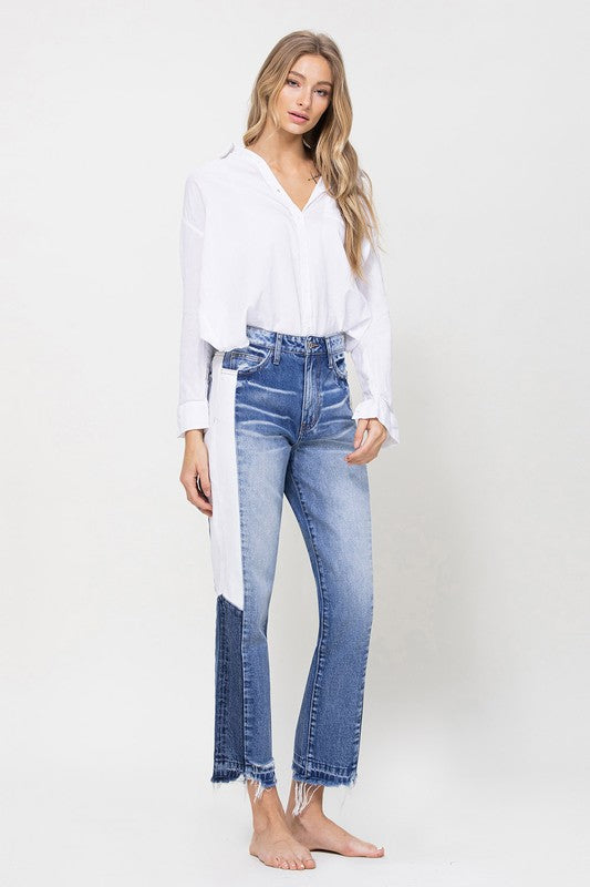 Super HIgh RIse Straight W/Side Blocking Panel Straight Leg Jeans   