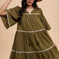 Annie Wear Tassel Contrast Trim Tie Neck Half Sleeve Tiered Dress Mini Dress