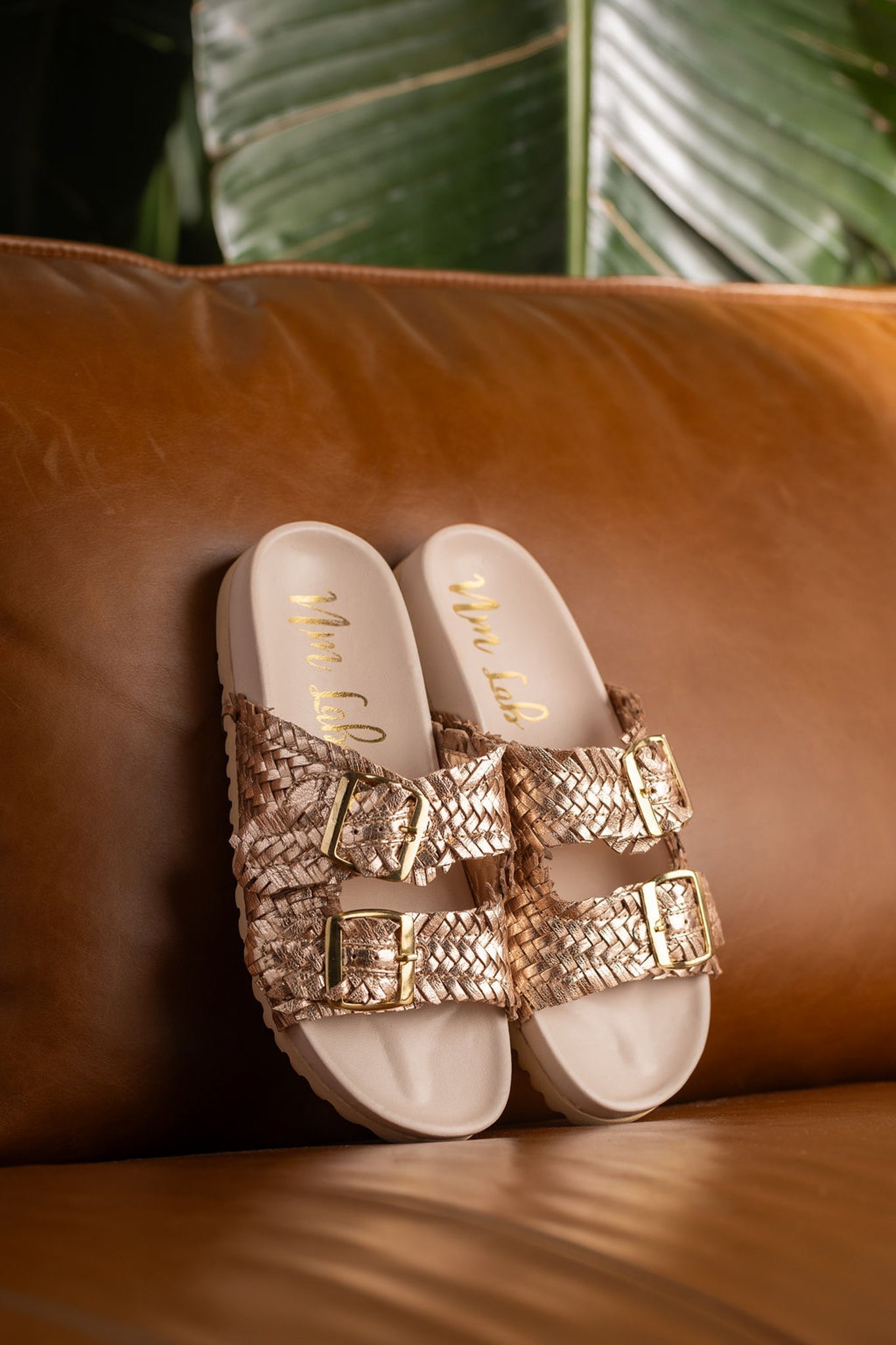 Intertwine Dual Woven Strap Slide in Champagne Shoes   