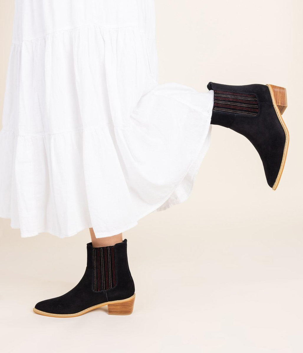 Leonor Suede Ankle Boot in Black - Three Mad Hatters Mercantile 