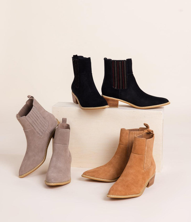 Leonor Suede Ankle Boot in Taupe - Three Mad Hatters Mercantile 