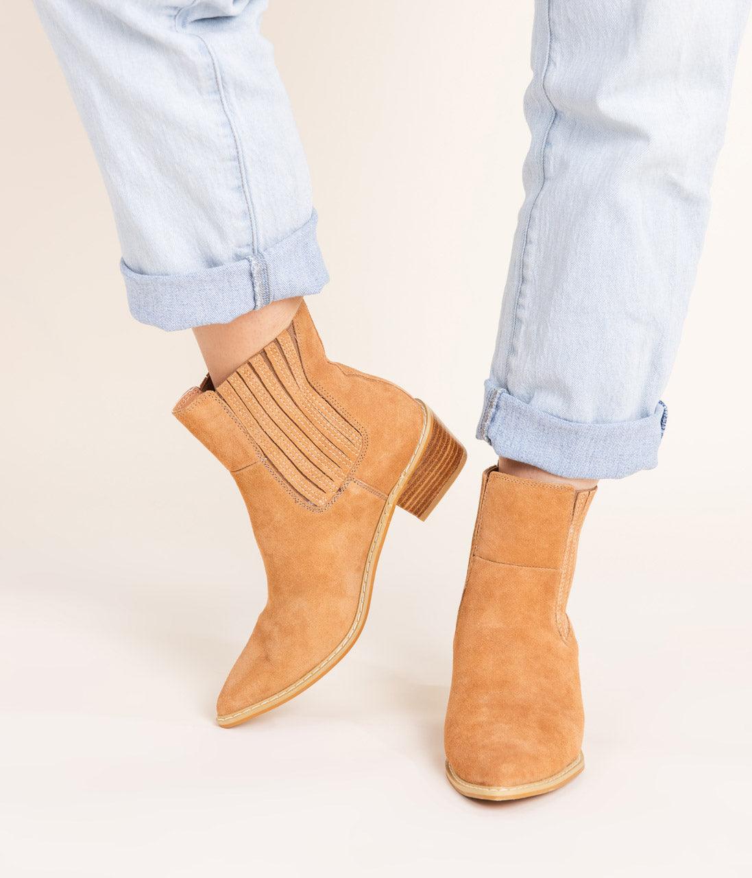 Leonor Suede Ankle Boot in Tan - Three Mad Hatters Mercantile 