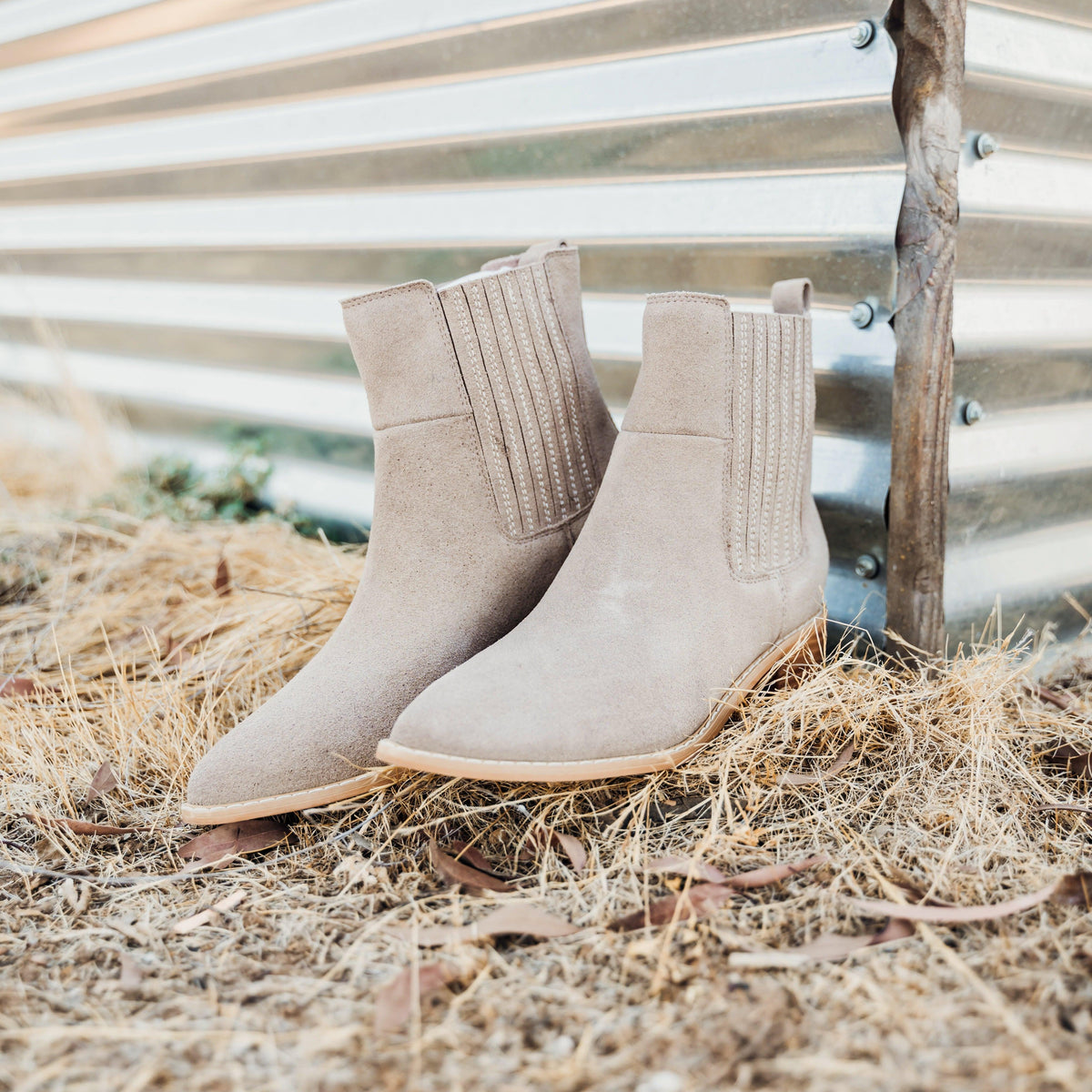 Leonor Suede Ankle Boot in Taupe - Three Mad Hatters Mercantile 