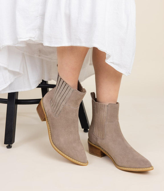 Leonor Suede Ankle Boot in Taupe - Three Mad Hatters Mercantile 