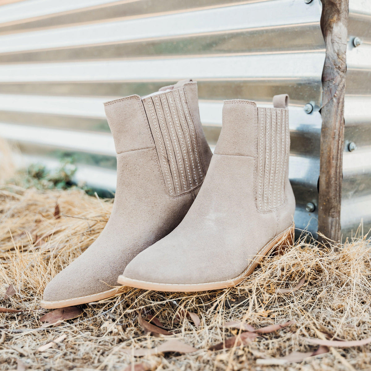 Leonor Suede Ankle Boot in Taupe - Three Mad Hatters Mercantile 