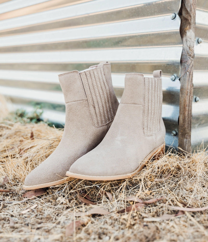 Leonor Suede Ankle Boot in Taupe - Three Mad Hatters Mercantile 