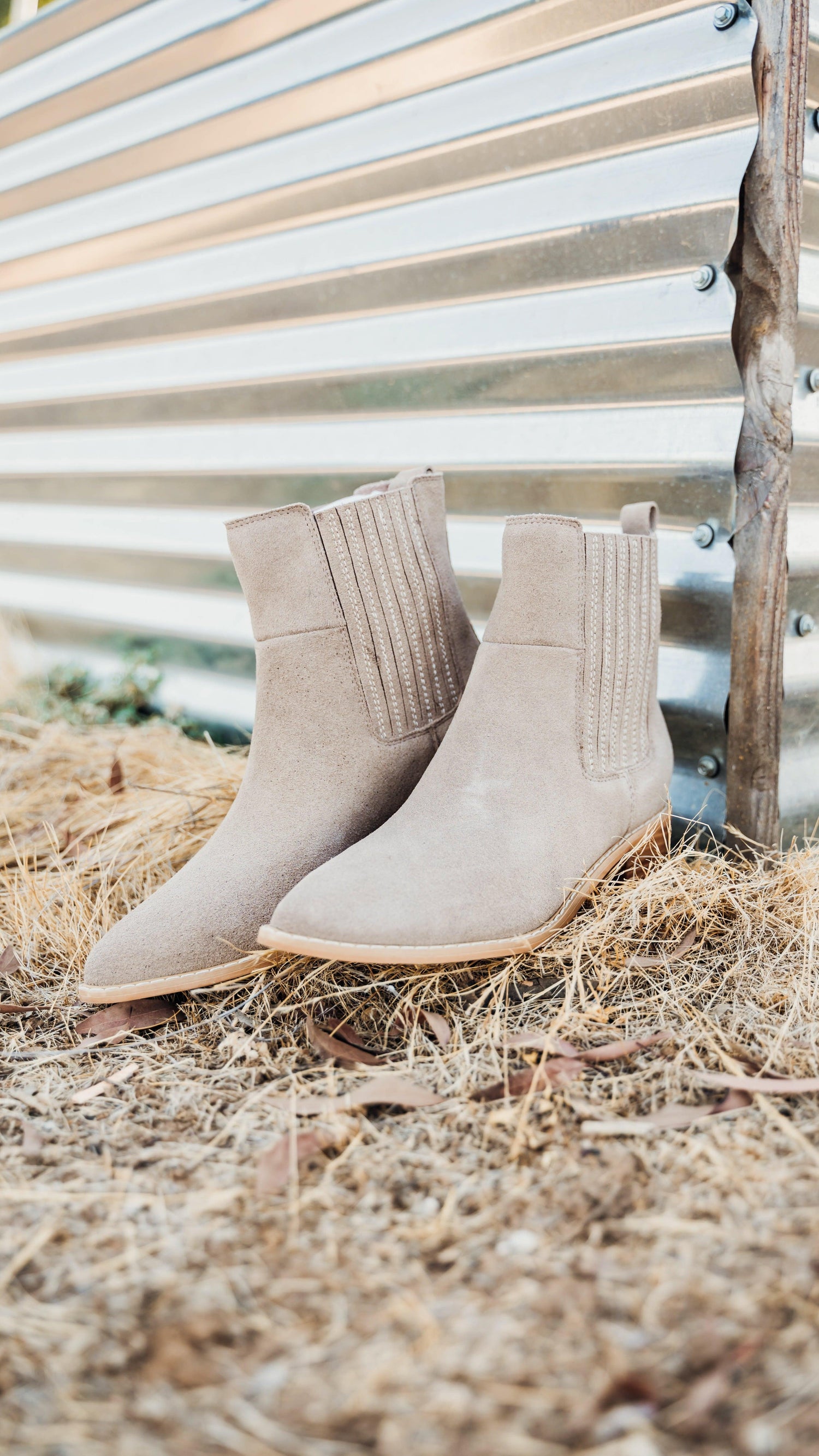 Leonor Suede Ankle Boot in Taupe - Three Mad Hatters Mercantile 