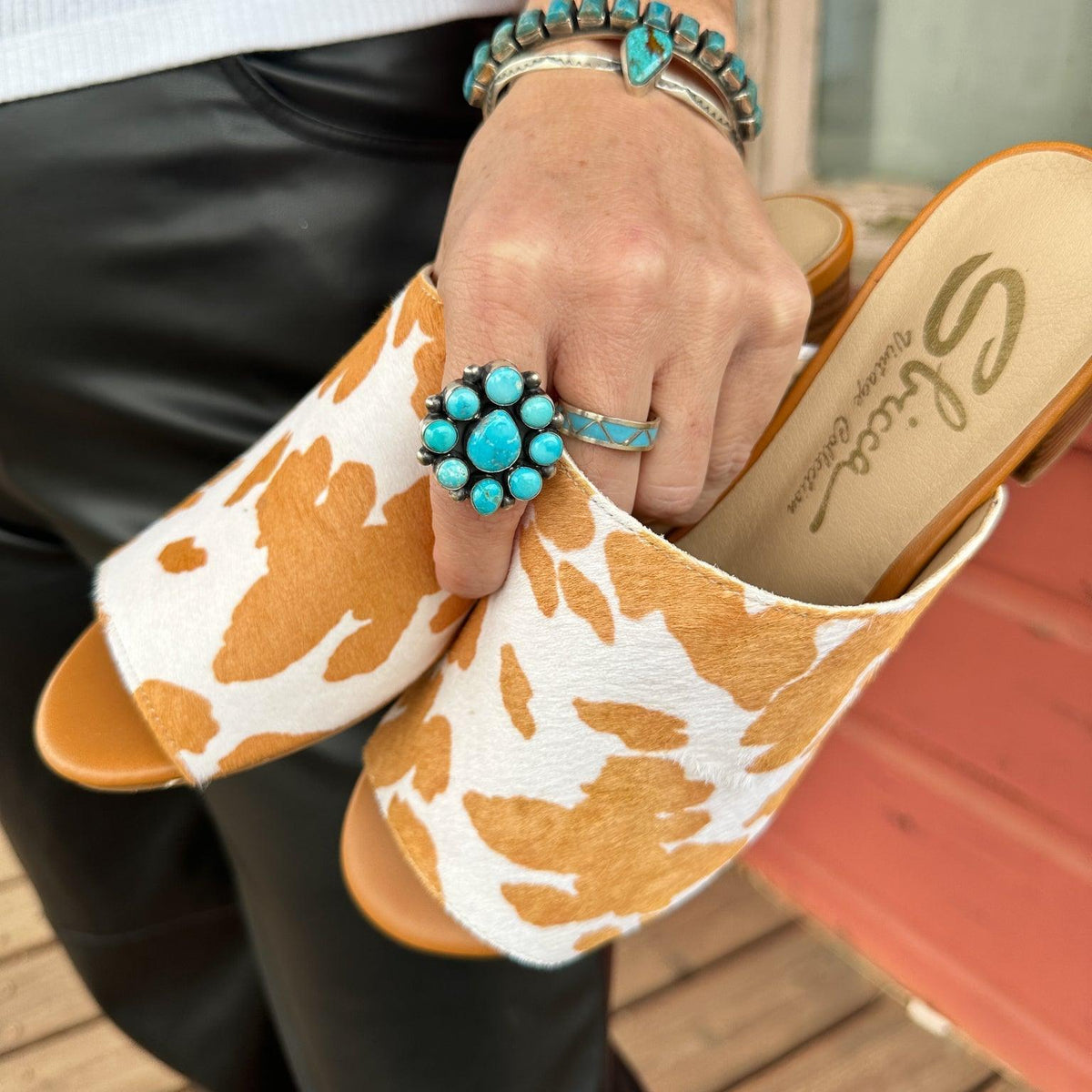 Richwood Peep Toe Tan and White Cowhide Slide - Three Mad Hatters Mercantile 
