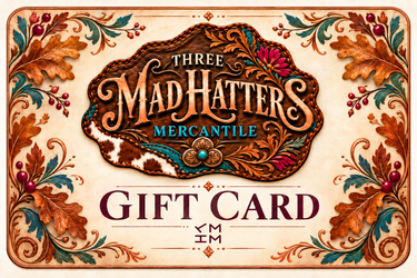 Three Mad Hatters Mercantile autumn gift card with engraved copper concho and TMHM ranch mark