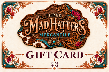 Three Mad Hatters Mercantile everyday gift card with engraved copper concho and TMHM ranch mark
