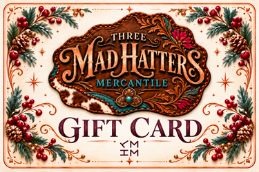 Three Mad Hatters Mercantile holiday gift card with engraved copper concho and TMHM ranch mark