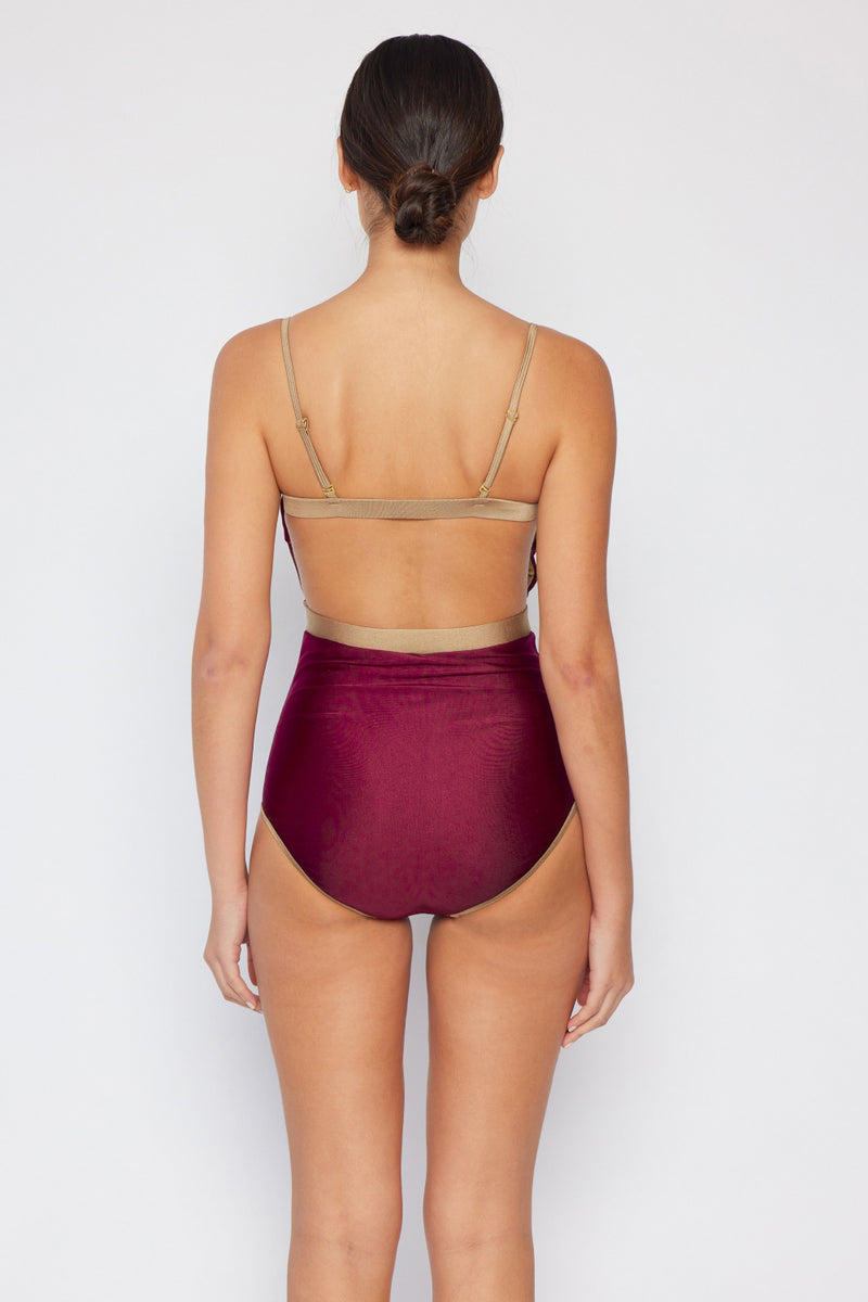 Marina West Swim Wave Break Contrast Trim One-Piece in Wine Womens Swimsuit   