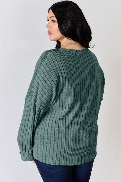 Basic Bae Full Size Ribbed Half Button Long Sleeve T-Shirt - Three Mad Hatters Mercantile 