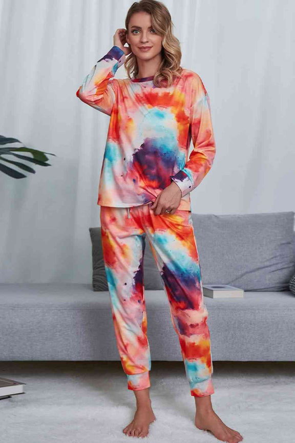 Tie-Dye Crewneck Top and Drawstring Waist Joggers Lounge Set Lounge Set Papaya S 