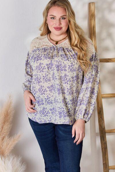 Hailey & Co Full Size Lace Detail Printed Blouse - Three Mad Hatters Mercantile 