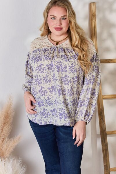 Hailey & Co Full Size Lace Detail Printed Blouse Long Sleeve Blouse   