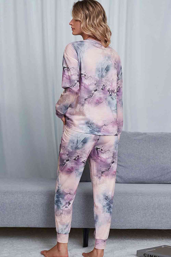 Tie-Dye Crewneck Top and Drawstring Waist Joggers Lounge Set Lounge Set   