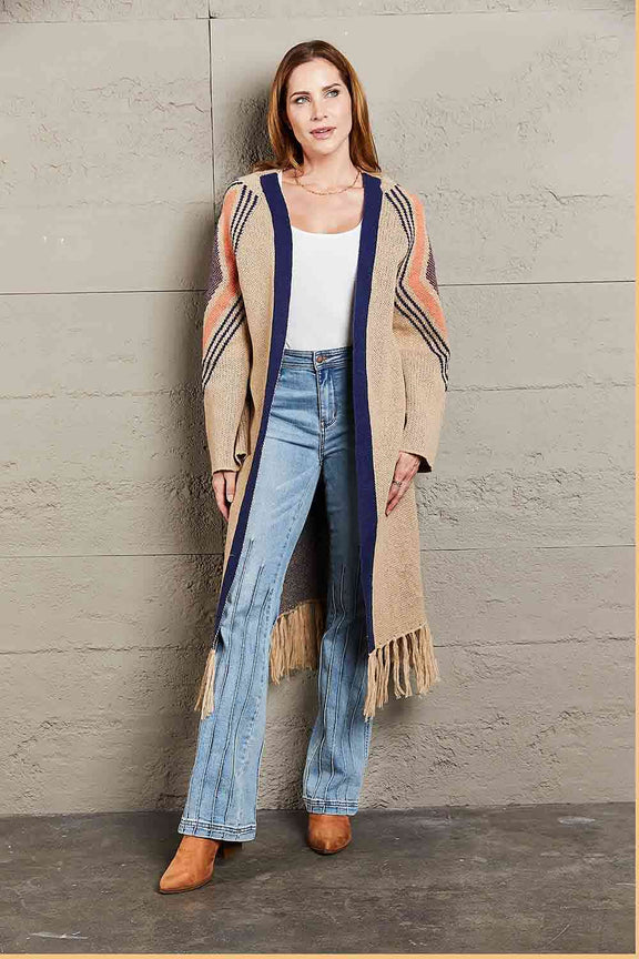 Double Take Geometric Fringe Hem Open Front Duster Cardigan Duster Cardigan Tan S 