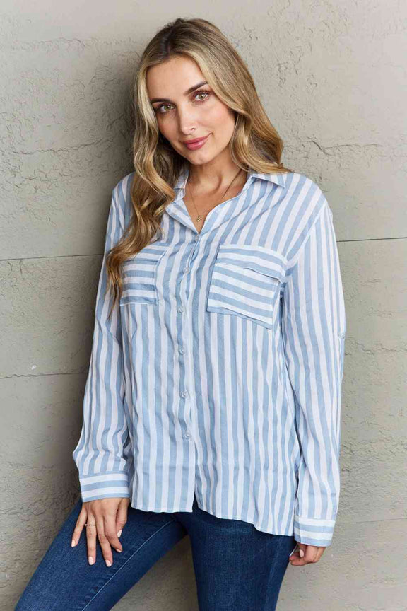 Ninexis Take Your Time Collared Button Down Striped Shirt Womens Long Sleeve Blouse   