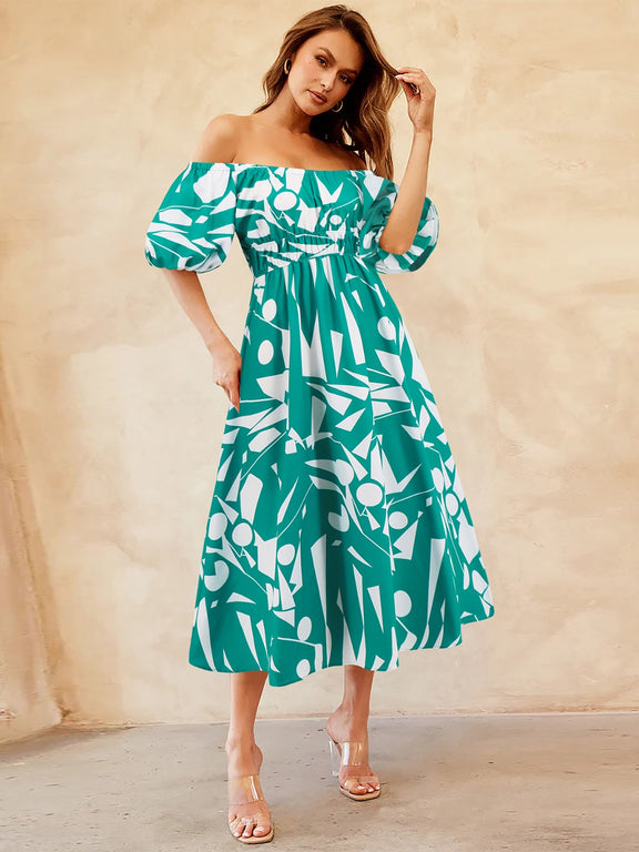 Printed Off-Shoulder Balloon Sleeve Dress Womens Midi Dress   