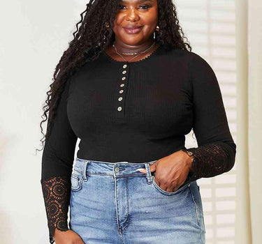 Double Take Crochet Lace Hem Sleeve Button Top