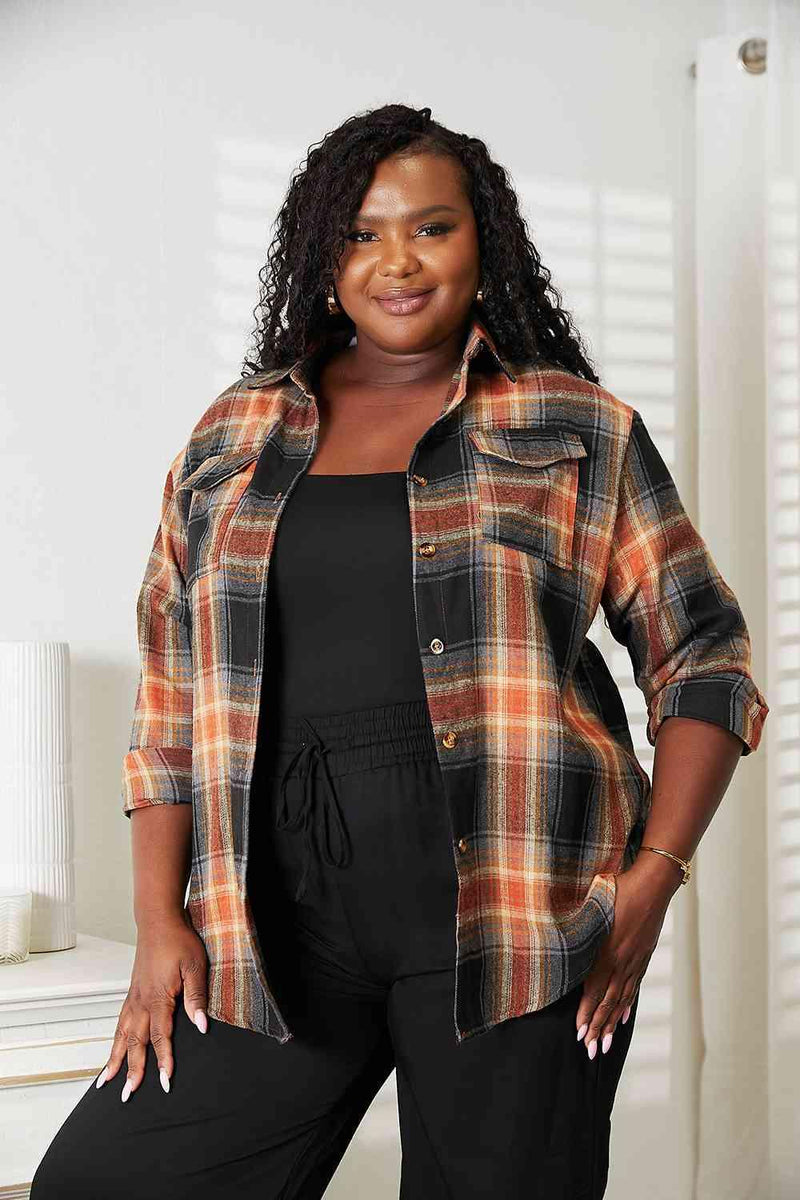 Double Take Plaid Dropped Shoulder Shirt - Three Mad Hatters Mercantile 