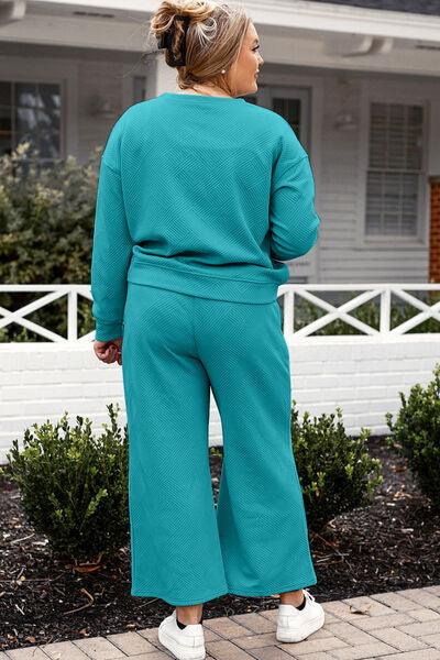 Double Take Full Size Textured Long Sleeve Top and Drawstring Pants Set - Three Mad Hatters Mercantile 