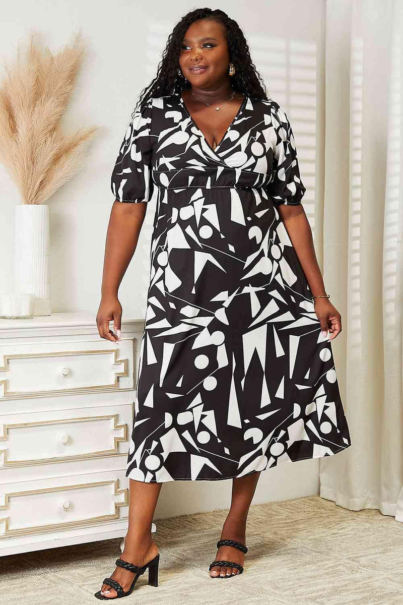 Double Take Printed Surplice Balloon Sleeve Dress - Three Mad Hatters Mercantile 