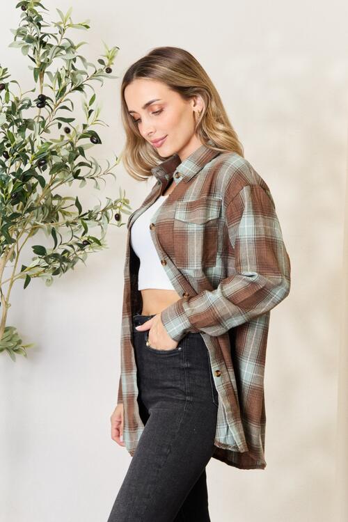 Double Take Plaid Dropped Shoulder Shirt Long Sleeve Shirt   