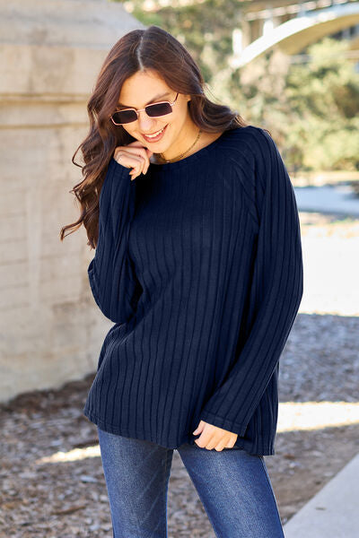 Basic Bae Full Size Ribbed Round Neck Long Sleeve Knit Top Womens Long Sleeve Shirt Peacock  Blue S 