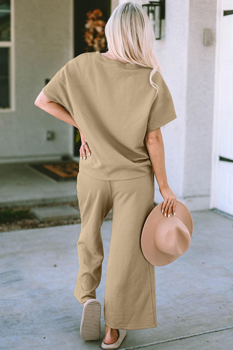 Double Take Texture Short Sleeve Top and Pants Set - Three Mad Hatters Mercantile 