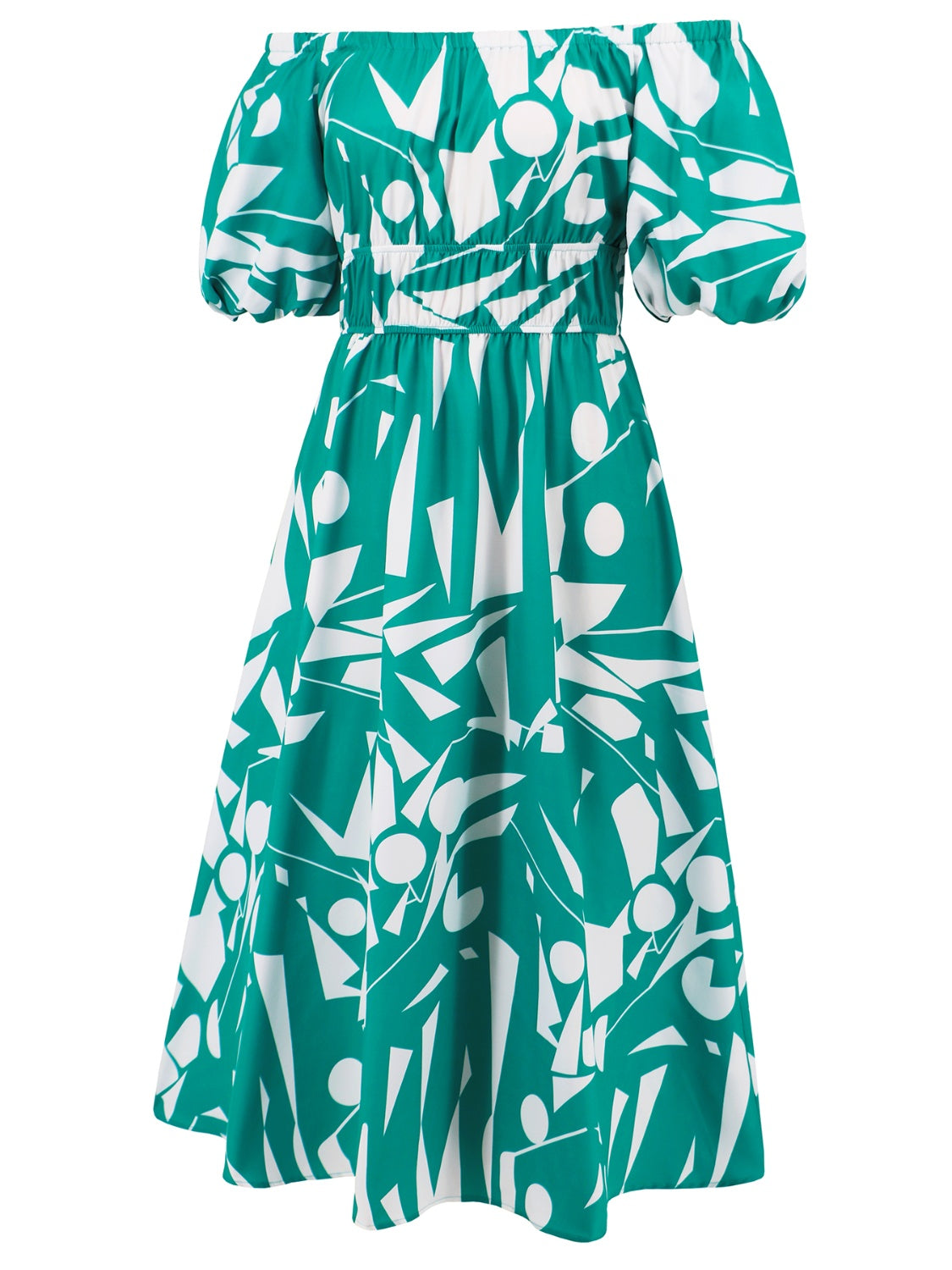 Printed Off-Shoulder Balloon Sleeve Dress Womens Midi Dress   