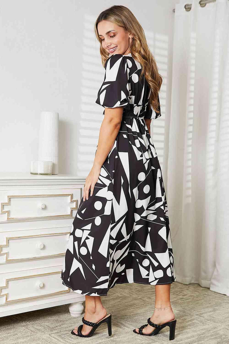 Double Take Printed Surplice Balloon Sleeve Dress - Three Mad Hatters Mercantile 