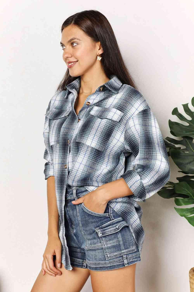 Double Take Plaid Dropped Shoulder Shirt - Three Mad Hatters Mercantile 