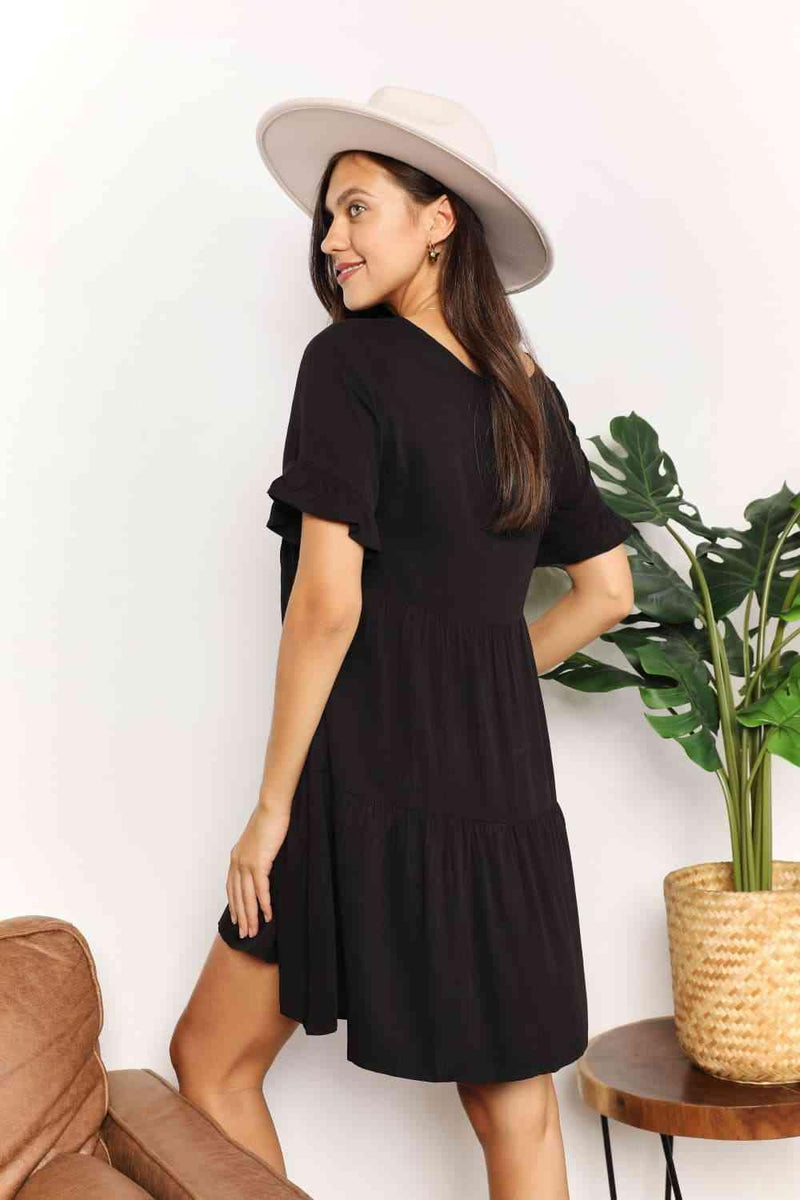 Double Take V-Neck Flounce Sleeve Tiered Dress - Three Mad Hatters Mercantile 