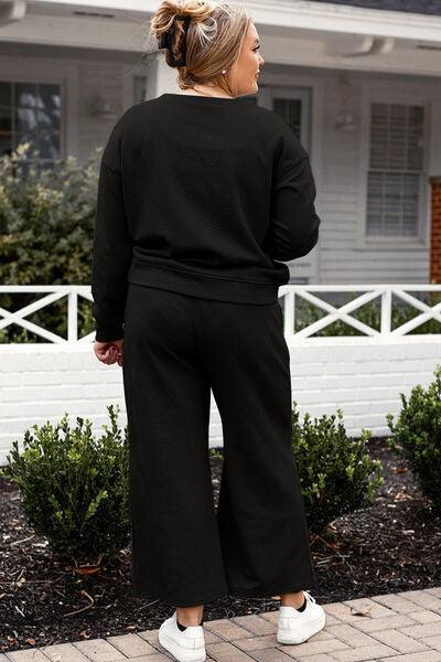 Double Take Full Size Textured Long Sleeve Top and Drawstring Pants Set - Three Mad Hatters Mercantile 