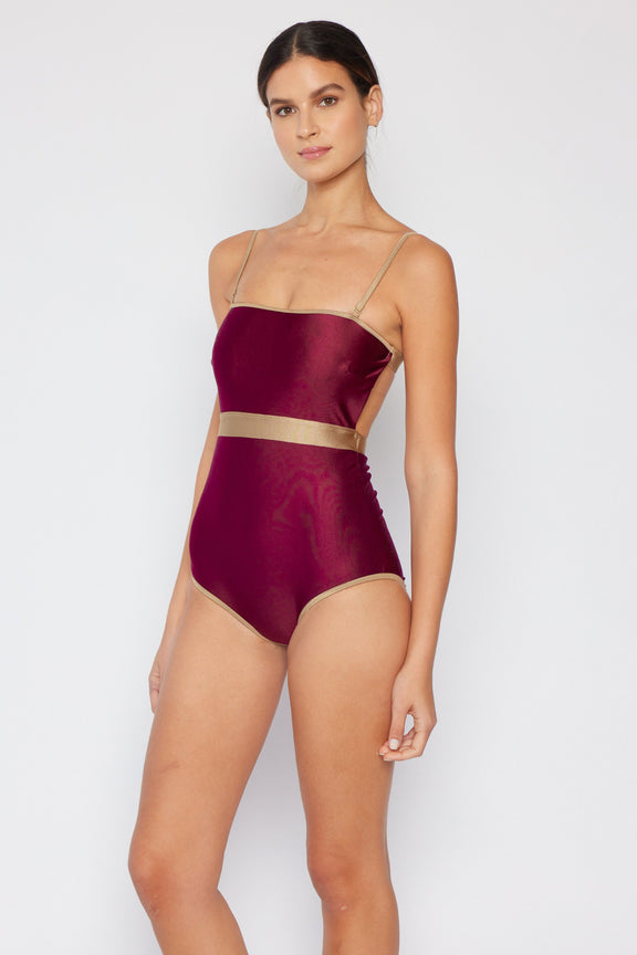 Marina West Swim Wave Break Contrast Trim One-Piece in Wine Womens Swimsuit   