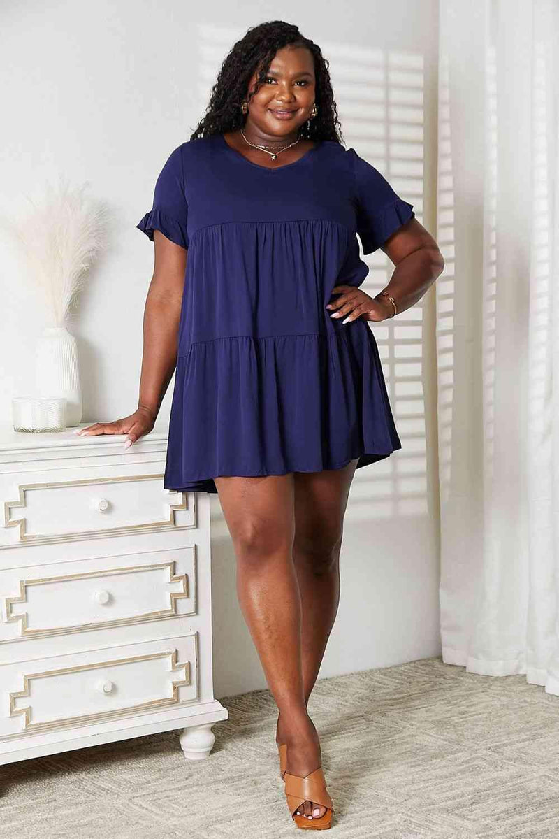 Double Take V-Neck Flounce Sleeve Tiered Dress - Three Mad Hatters Mercantile 
