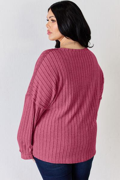 Basic Bae Full Size Ribbed Half Button Long Sleeve T-Shirt - Three Mad Hatters Mercantile 