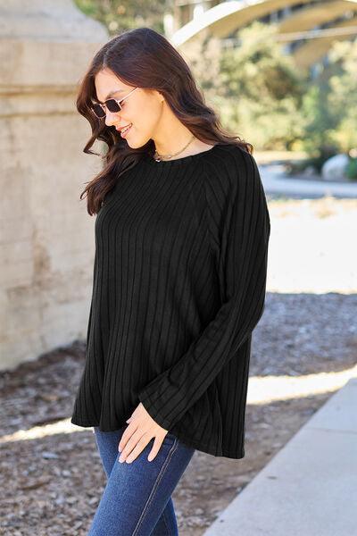 Basic Bae Full Size Ribbed Round Neck Long Sleeve Knit Top - Three Mad Hatters Mercantile 