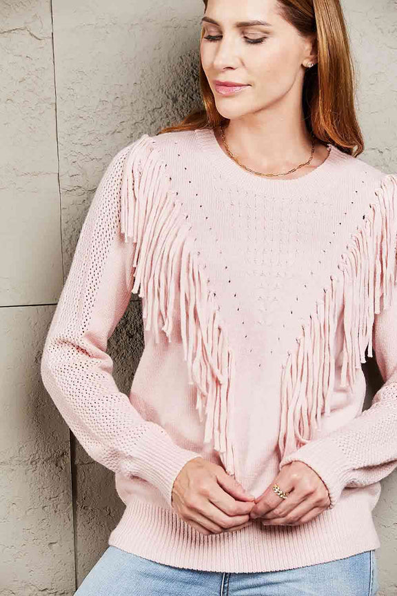 Double Take Fringe Detail Ribbed Trim Sweater Sweater   