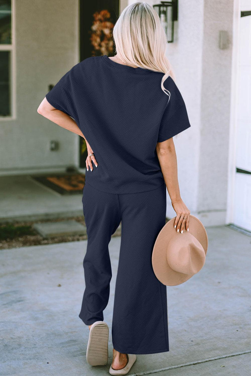 Double Take Texture Short Sleeve Top and Pants Set - Three Mad Hatters Mercantile 